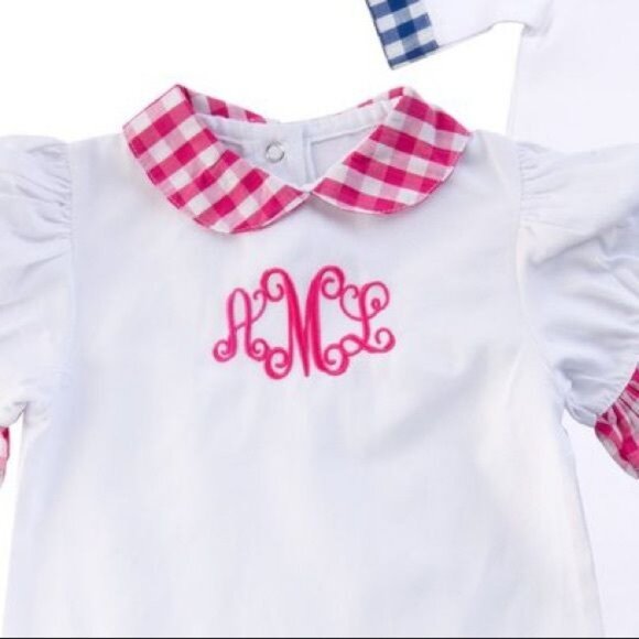 MSC Smocked Blue or Pink gingham day gown 0-6m layette church monogram Easter - Picture 7 of 9